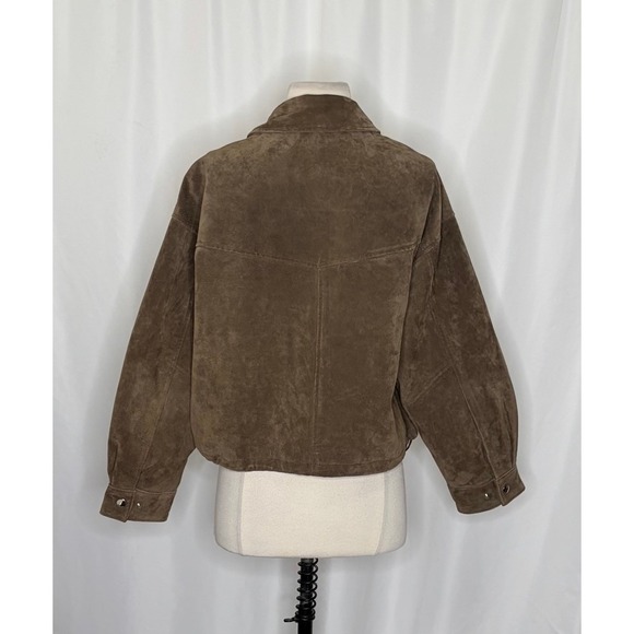ZARA Suede Leather Bomber Jacket Pockets Outdoors Taupe Streetwear Brown Small - Picture 10 of 15